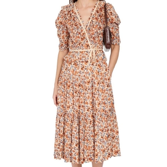 Ulla Johnson Lisette Dress Pearl Floral Wrap Ruffle Midi New With Tag Size 4 - Picture 7 of 10